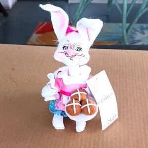 Annalee Pink and White Bunny Figurine with Hot Cross Buns